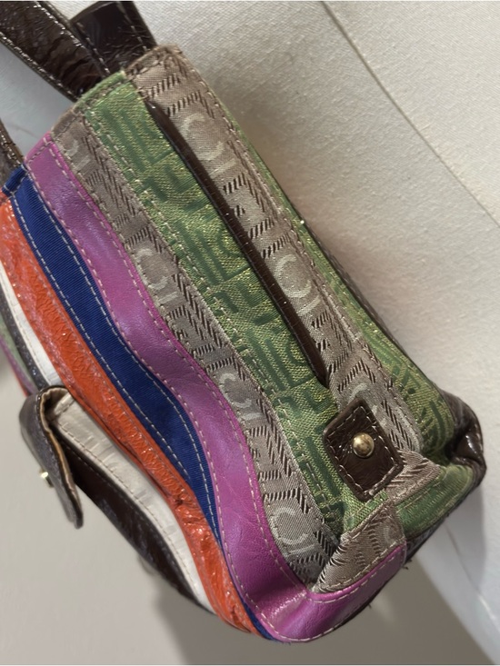 Y2K Vintage Colorful Striped Tote Bag Purse Brown Faux Patent Leather Trim Small - Picture 3 of 10